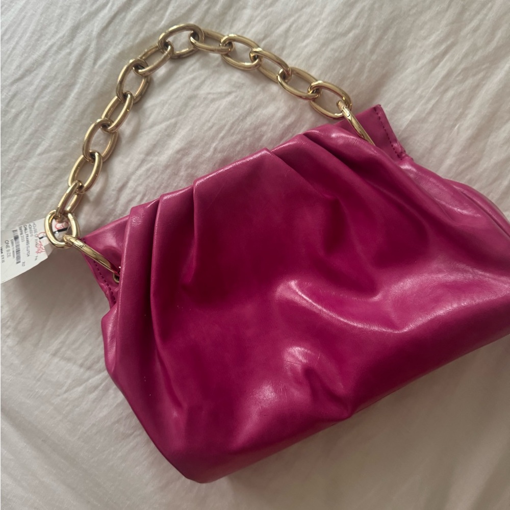 Pink Leather Handbag with Gold Chain